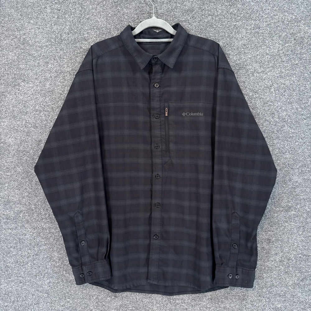 Columbia Shirt Mens Medium Black Plaid Tech Long Sleeve Zip Pocket Outdoors